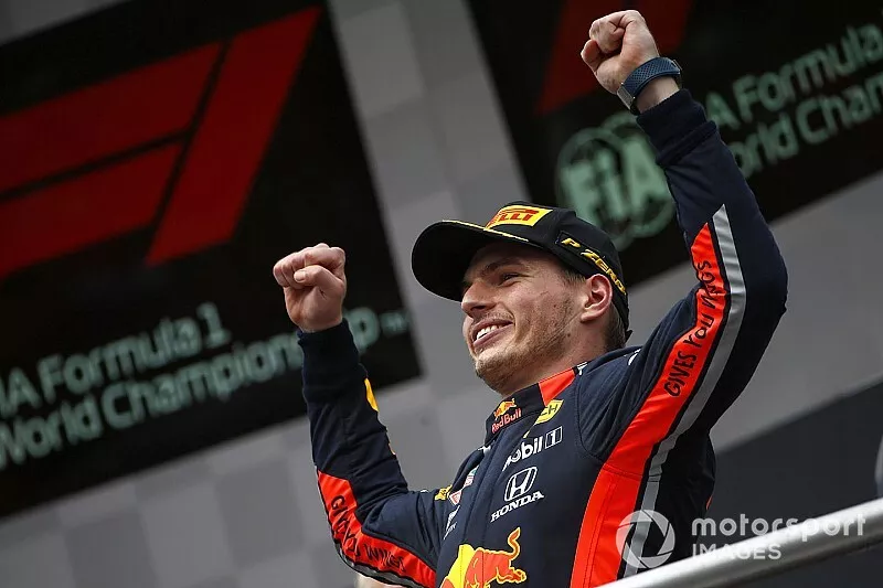 Max Verstappen, Red Bull Racing, 1st position, on the podium