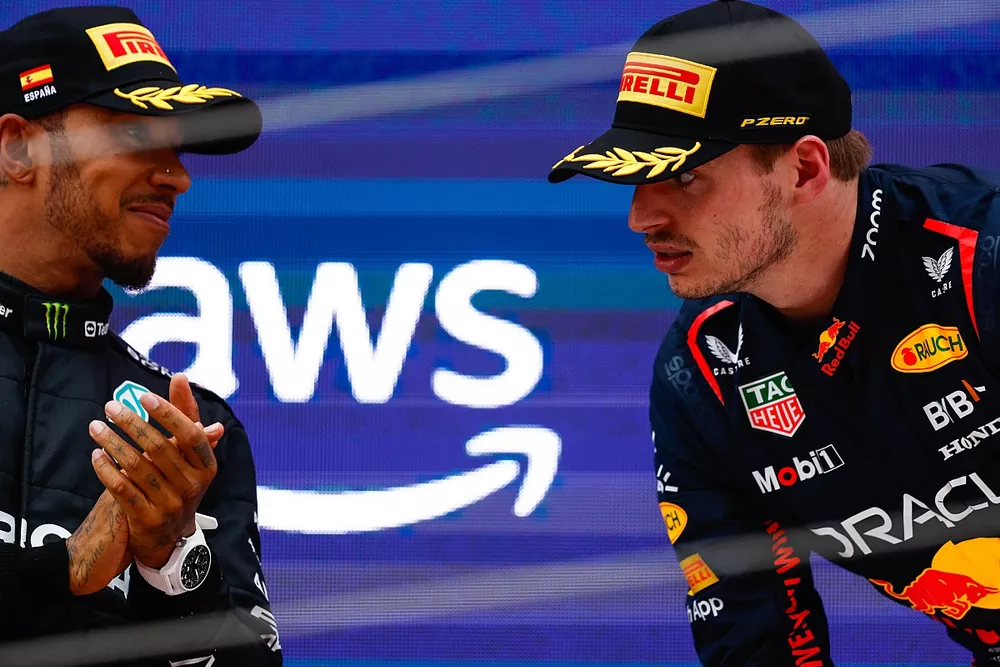 Lewis Hamilton, Mercedes-AMG, 2nd position, Max Verstappen, Red Bull Racing, 1st position, talk on the podium