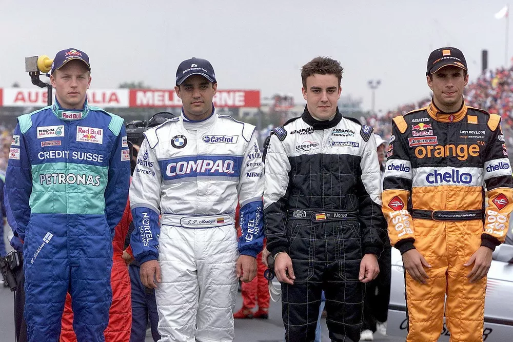 Novatos F1: Kimi Raikkonen, Sauber C20, Juan Pablo Montoya, Williams, Fernando Alonso, Minardi y Enrique Bernoldi, Arrows