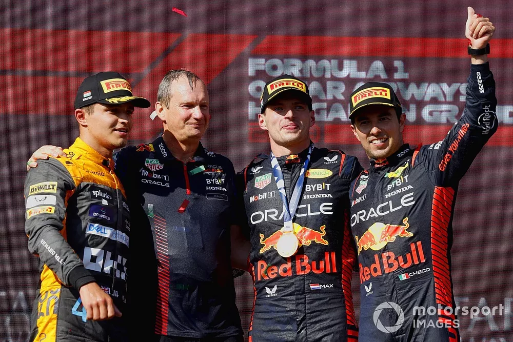 Lando Norris, McLaren, 2nd position, Paul Monaghan, Chief Engineer, Red Bull Racing, Max Verstappen, Red Bull Racing, 1st position, Sergio Perez, Red Bull Racing, 3rd position, on the podium