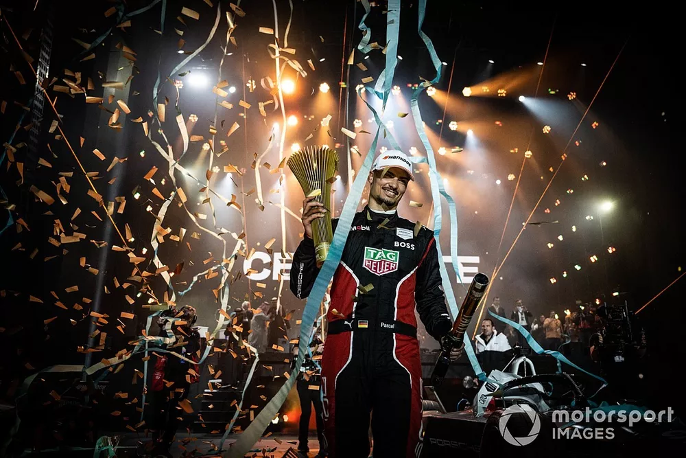 Pascal Wehrlein, Porsche, 1st position, celebrates at the podium ceremony as confetti, streamers fall