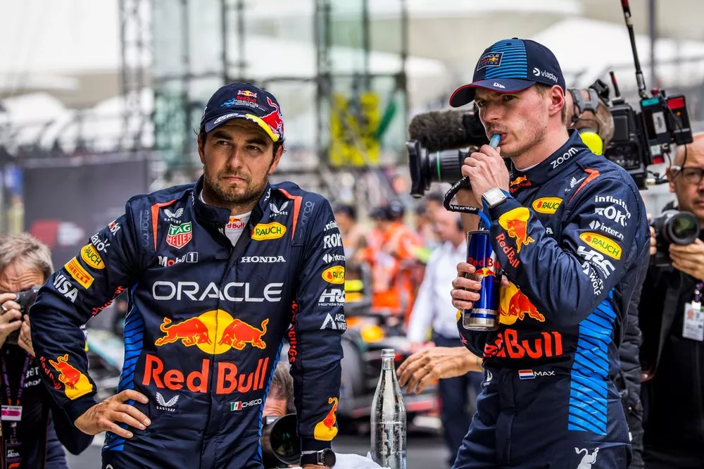 Sergio Perez, Red Bull Racing, 3rd position, Max Verstappen, Red Bull Racing, 1st position, after the Sprint Race