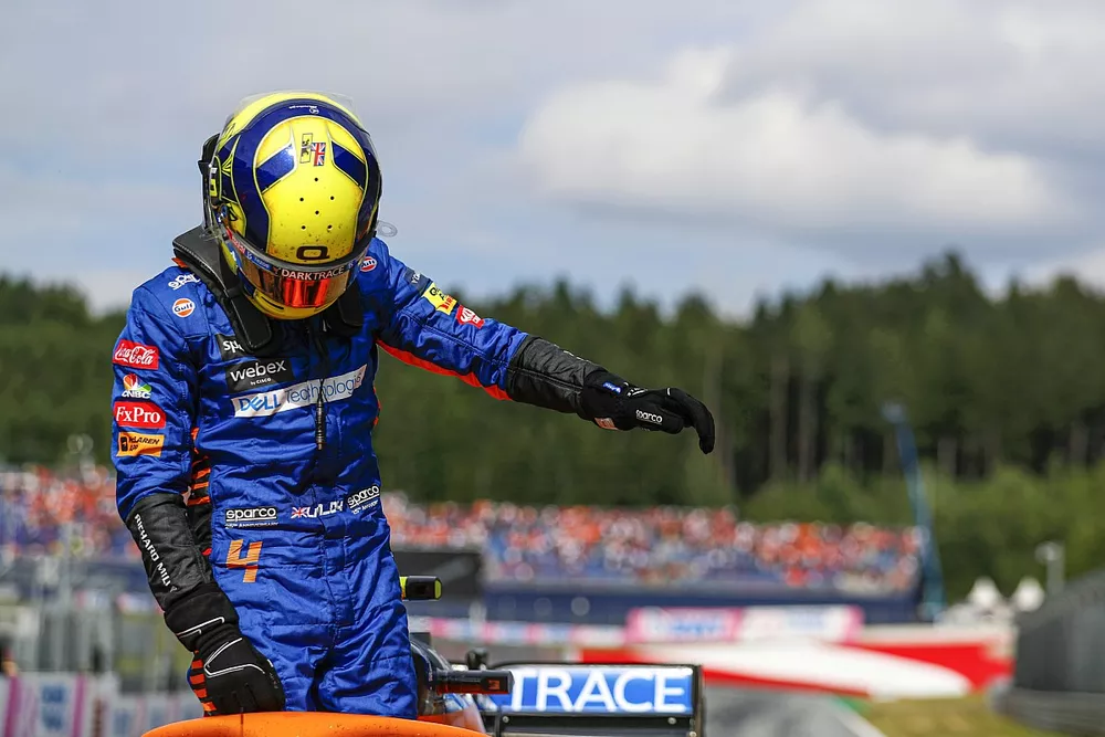 Lando Norris, McLaren, c&eacute;l&egrave;bre sa 3ᵉ place dans le parc ferm&eacute;