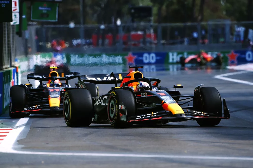 Max Verstappen, Red Bull Racing RB19, leads Sergio Perez, Red Bull Racing RB19