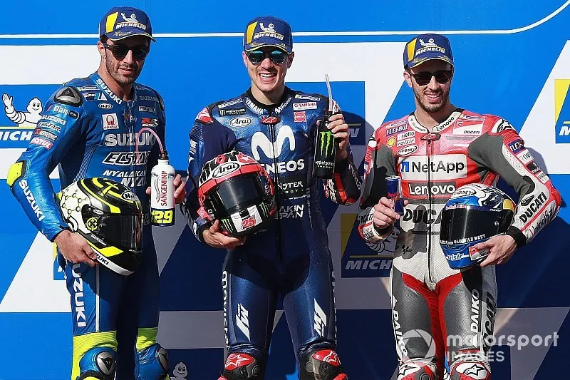 Race winner Maverick Vi&ntilde;ales, Yamaha Factory Racing, second place Andrea Iannone, Team Suzuki MotoGP, third place Andrea Dovizioso, Ducati Team
