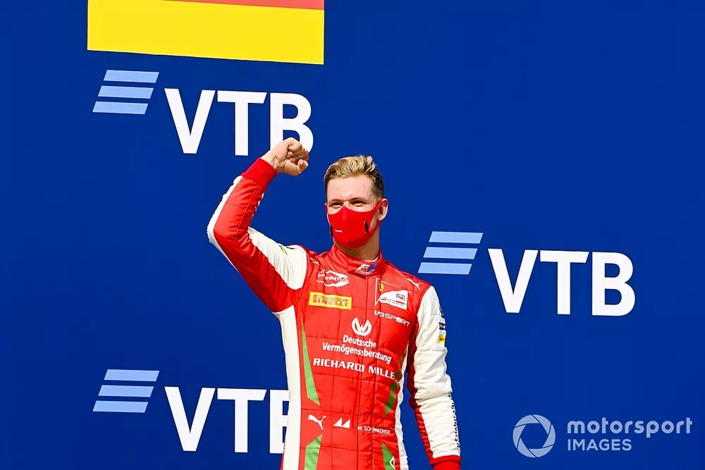 Race Winner Mick Schumacher, Prema Racing celebrates on the podium
