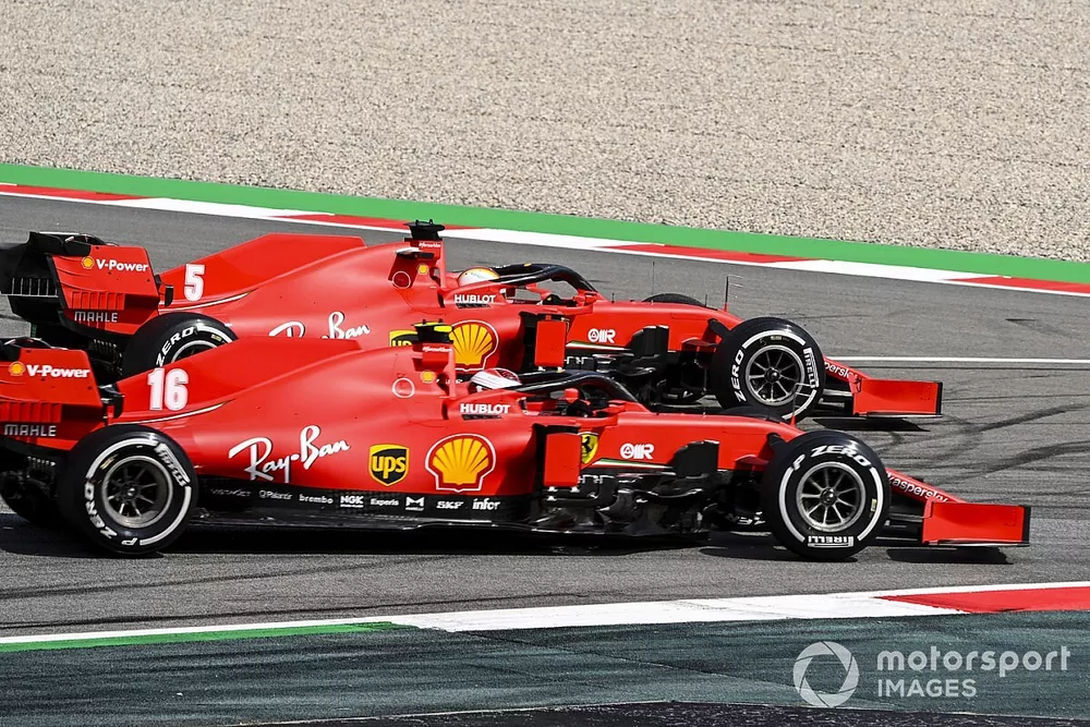 Sebastian Vettel, Ferrari SF1000, leads Charles Leclerc, Ferrari SF1000