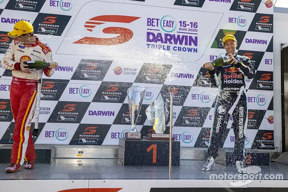 Race 3 winner Jamie Whincup, Triple Eight Race Engineering Holden, second place Scott McLaughlin, DJR Team Penske Ford 

