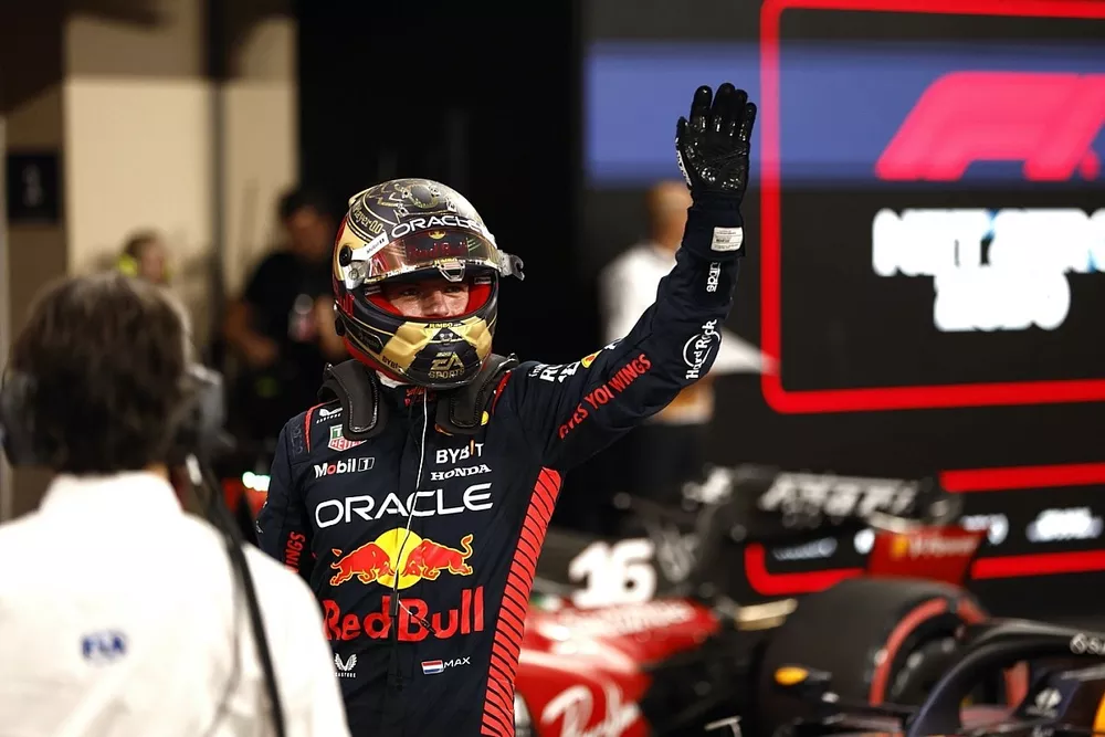 Pole man Max Verstappen, Red Bull Racing, arrives in Parc Ferme