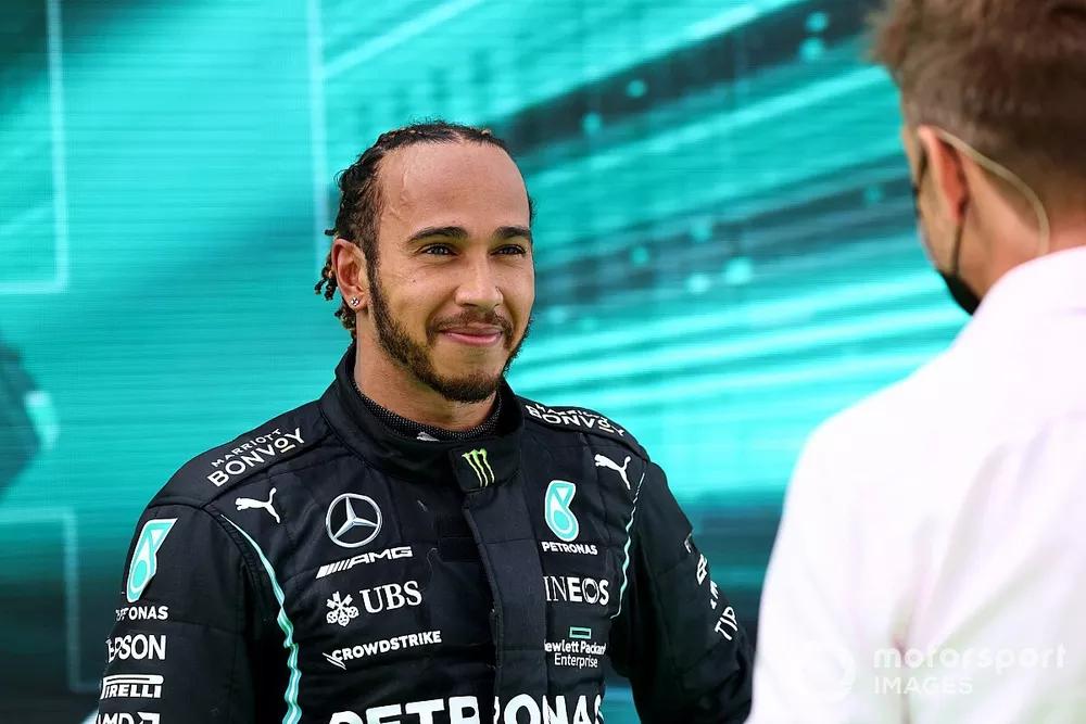 Lewis Hamilton, Mercedes, 1st position, is interviewed after the race
