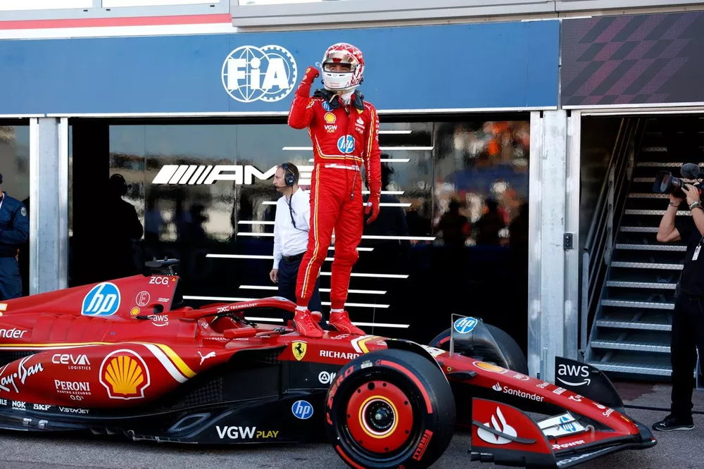 Pole man Charles Leclerc, Scuderia Ferrari, celebrates on arrival in Parc Ferme
