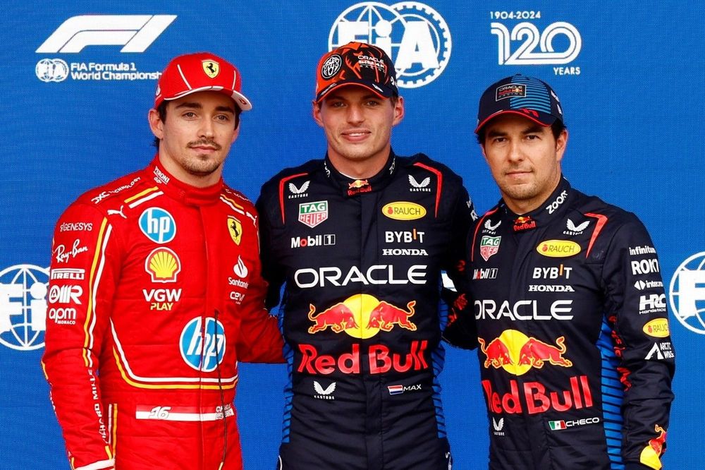 Top three Qualifiers Charles Leclerc, Scuderia Ferrari, pole man Max Verstappen, Red Bull Racing, Sergio Perez, Red Bull Racing