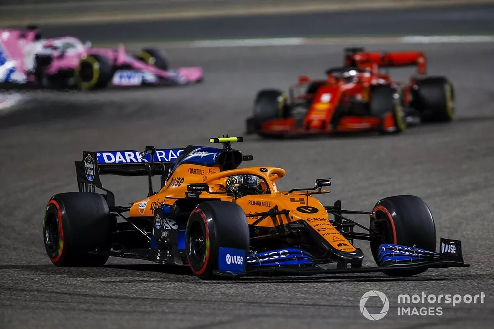 Lando Norris, McLaren MCL35, Sebastian Vettel, Ferrari SF1000, Sergio P&eacute;rez, Racing Point RP20