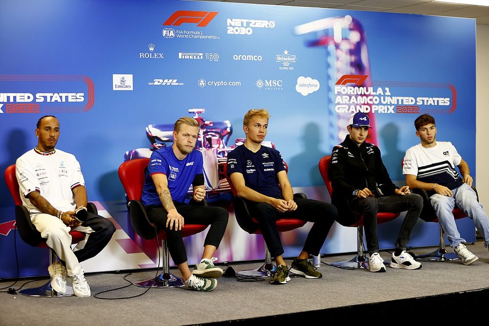 Lewis Hamilton, Mercedes AMG Kevin Magnussen, Haas F1 Team Alex Albon, Williams Racing Esteban Ocon, Alpine F1 Team Pierre Gasly, Scuderia AlphaTauri Press Conference 