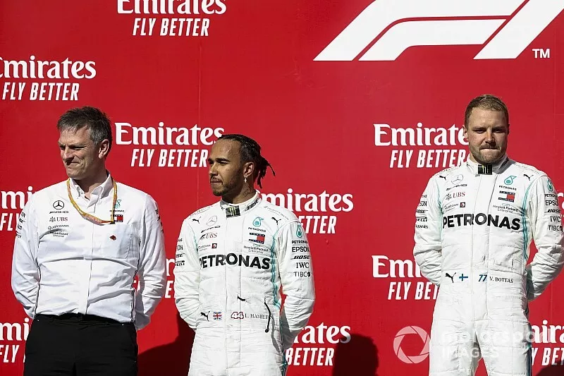James Allison, Technical Director, Mercedes AMG, Lewis Hamilton, Mercedes AMG F1, 2nd position, and Valtteri Bottas, Mercedes AMG F1, 1st position, on the podium