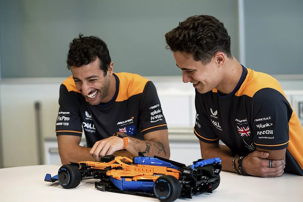 Daniel Ricciardo, Lando Norris with the LEGO&reg; Technic&trade; McLaren Formula 1 Race Car