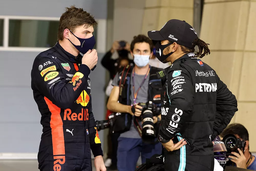 Max Verstappen, Red Bull Racing, 2nd position, and Lewis Hamilton, Mercedes-AMG F1, 1st position, in Parc Ferme