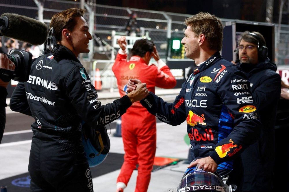 Pole man George Russell, Mercedes-AMG F1 Team, is congratulated by Max Verstappen, Red Bull Racing