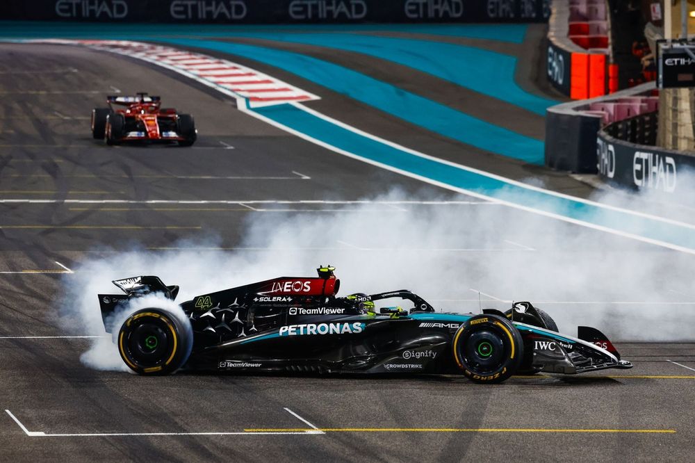 Lewis Hamilton, Mercedes F1 W15, performs donuts at the end of the race