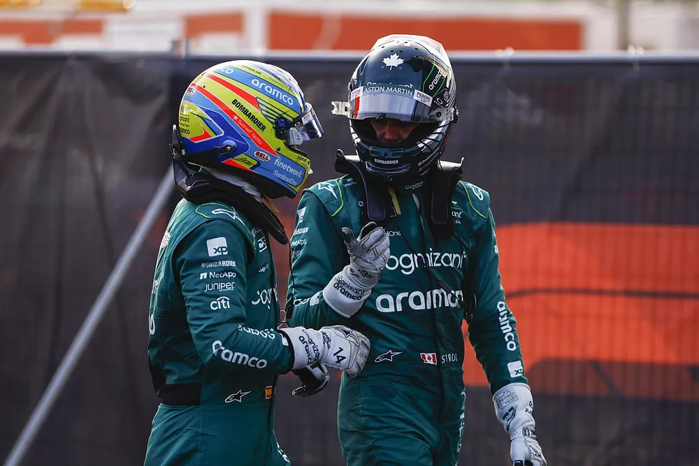 Fernando Alonso, Aston Martin F1 Team, and Lance Stroll, Aston Martin F1 Team, in Parc Ferme after Qualifying