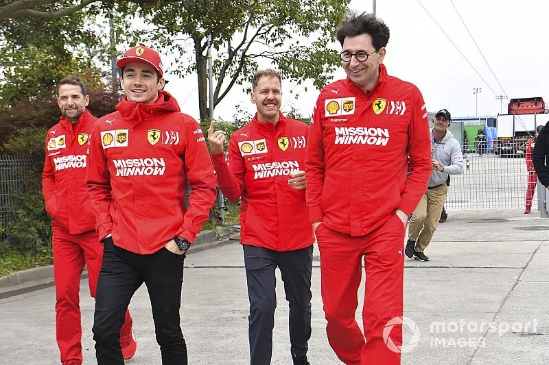 Charles Leclerc, Ferrari, Sebastian Vettel, Ferrari et Mattia Binotto, directeur de Ferrari