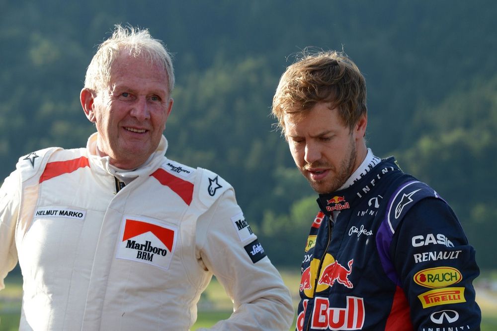 Dr Helmut Marko, asesor de Red Bull Motorsport y, Sebastian Vettel, Red Bull Racing