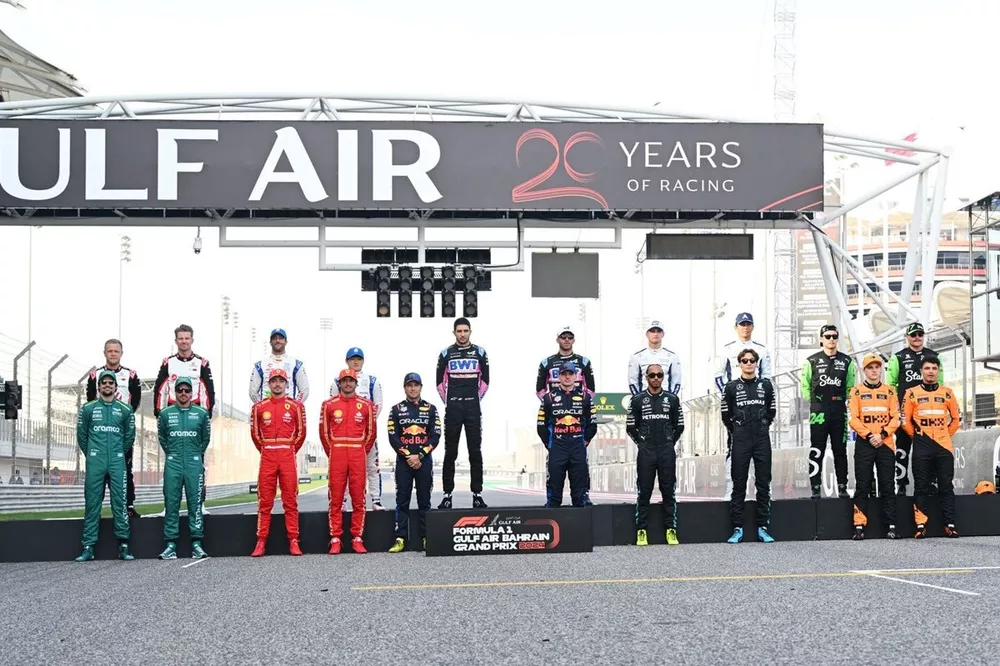 The 2024 Formula 1 grid
Top row: Kevin Magnussen, Haas F1 Team, Nico Hulkenberg, Haas F1 Team, Daniel Ricciardo, Visa Cash App RB F1 Team, Yuki Tsunoda, Visa Cash App RB F1 Team, Esteban Ocon, Alpine F1 Team, Pierre Gasly, Alpine F1 Team, Logan Sargeant, Williams Racing, Alex Albon, Williams Racing, Zhou Guanyu, Stake F1 Team Kick Sauber, Valtteri Bottas, Stake F1 Team Kick Sauber
Bottom row: Fernando Alonso, Aston Martin F1 Team, Lance Stroll, Aston Martin F1 Team, Charles Leclerc, Scuderia Ferrari, Carlos Sainz, Scuderia Ferrari, Sergio Perez, Red Bull Racing, Max Verstappen, Red Bull Racing, Lewis Hamilton, Mercedes-AMG F1 Team, George Russell, Mercedes-AMG F1 Team, Oscar Piastri, McLaren F1 Team, Lando Norris, McLaren F1 Team 
