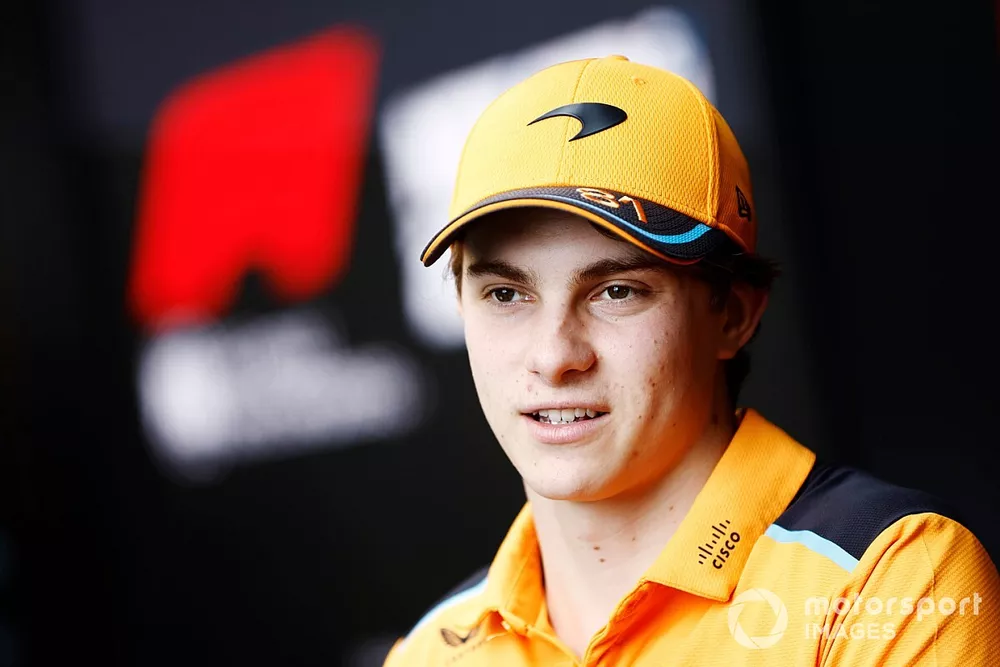 Oscar Piastri, McLaren, talks to the press 