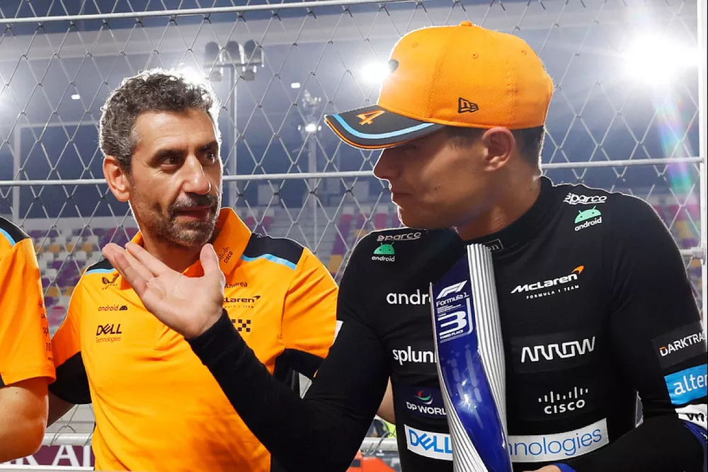 Oscar Piastri, McLaren, 2nd position,rea Stella, Team Principal, McLaren, Lando Norris, McLaren, 3rd position, with the trophies