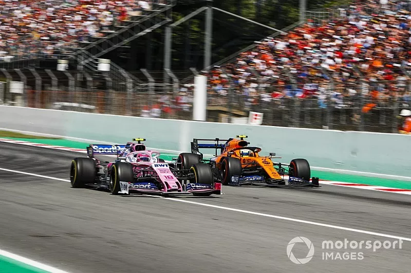 Lance Stroll, Racing Point RP19, battles with Lando Norris, McLaren MCL34