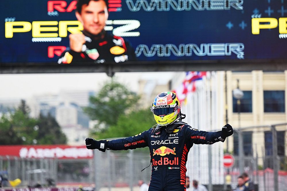 Sergio Perez, Red Bull Racing, 1st position, celebrates on arrival in Parc Ferme