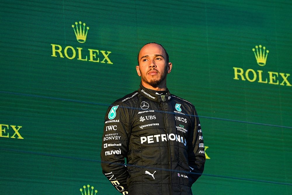 Lewis Hamilton, Mercedes-AMG, 2nd position, on the podium