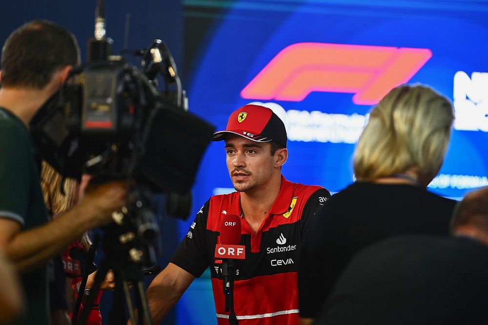 Charles Leclerc, Ferrari, talks to the press