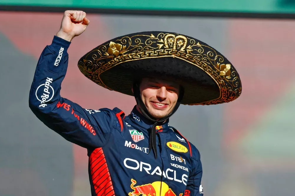 Max Verstappen, Red Bull Racing, 1st position, on the podium wearing a Sombrero