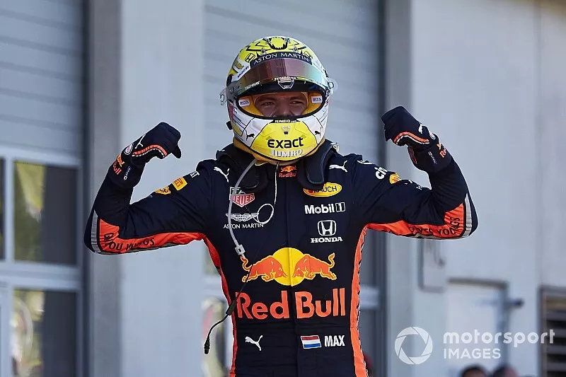 Race winner Max Verstappen, Red Bull Racing, celebrates in Parc Ferme