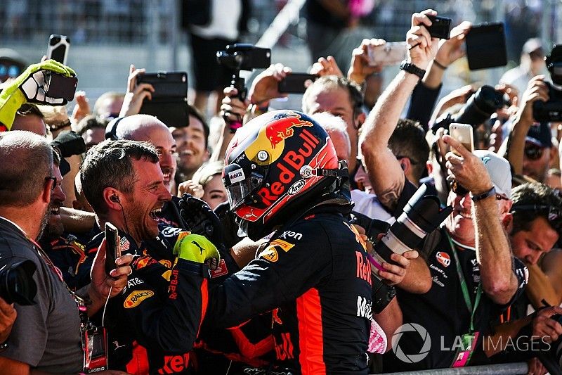 Max Verstappen, Red Bull, celebrates with his team in Parc Ferme