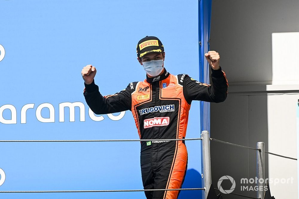 Felipe Drugovich, MP Motorsport celebrates on the podium