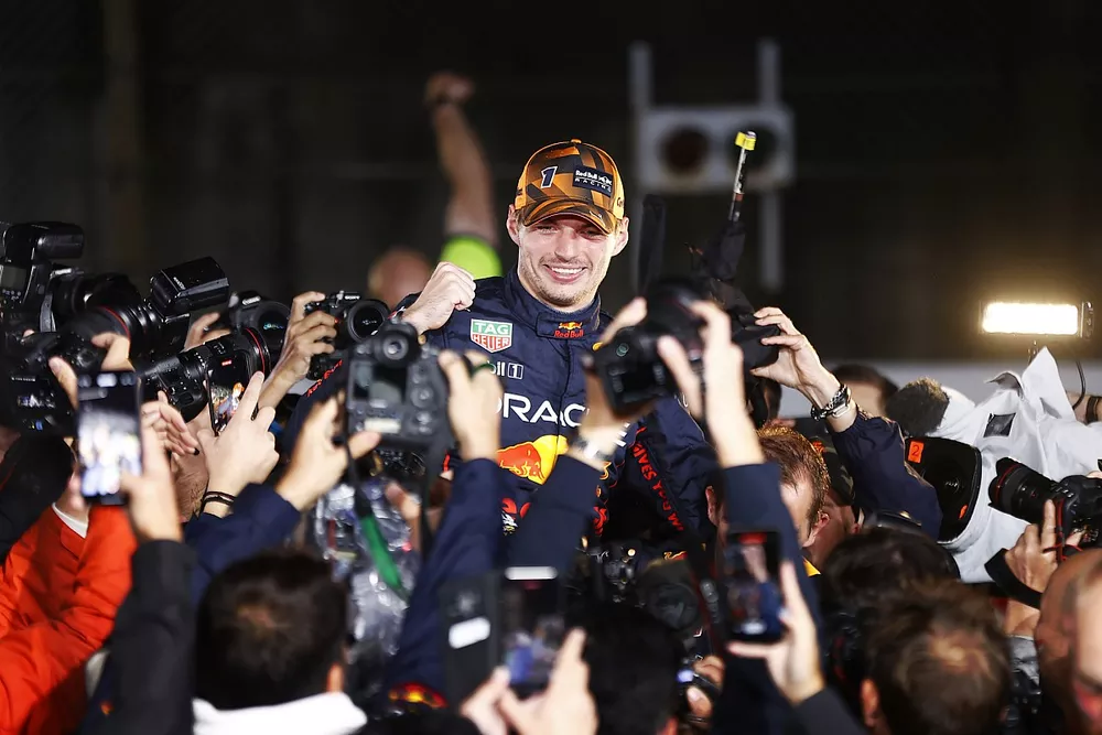 Max Verstappen, Red Bull Racing, 1st position, celebrates World Championship victory with his team