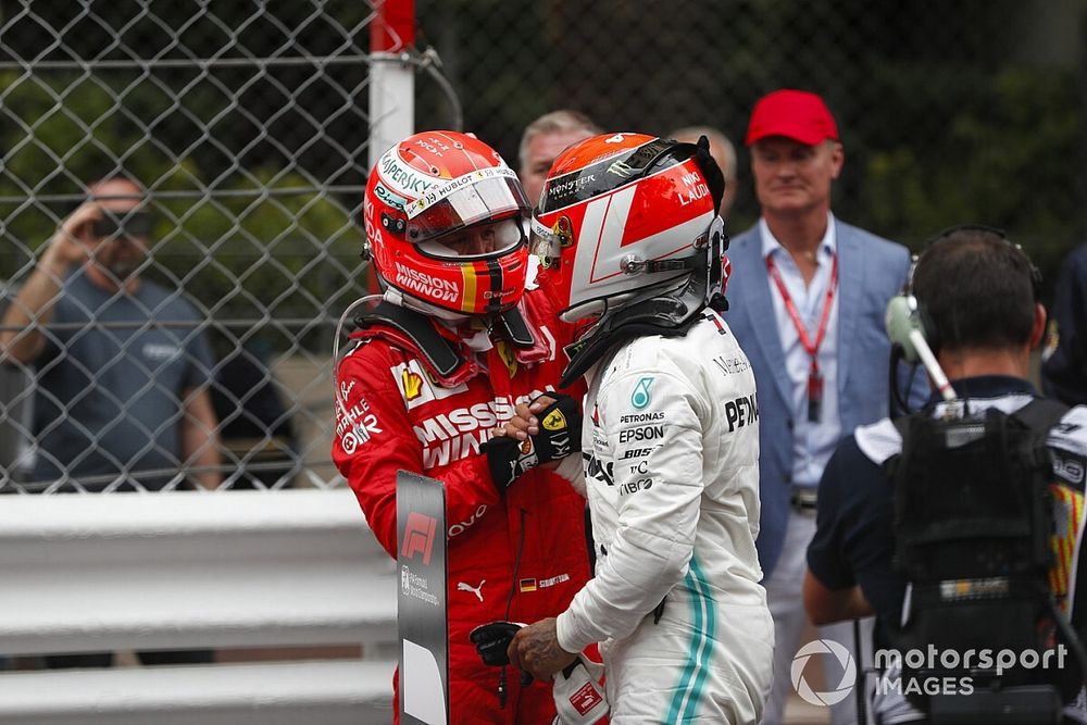 Lewis Hamilton, Mercedes AMG F1, 1st position, is congratulated by Sebastian Vettel, Ferrari, 2nd position