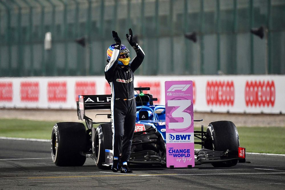 Fernando Alonso, Alpine F1, 3rd position, celebrates on arrival in Parc Ferme