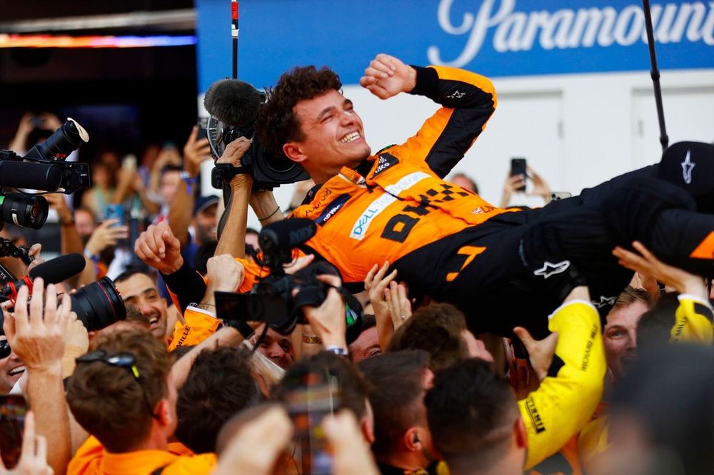 Lando Norris, McLaren F1 Team, 1st position, is crowd passed by his team in Parc Ferme