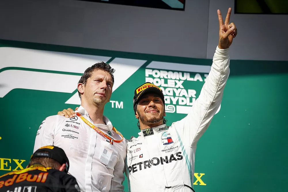 James Vowles, Motorsport Strategy Director, Mercedes AMG F1 and Race winner Lewis Hamilton, Mercedes AMG F1 celebrate on the podium