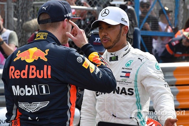 Max Verstappen, Red Bull Racing, talks with Lewis Hamilton, Mercedes AMG F1, after Qualifying