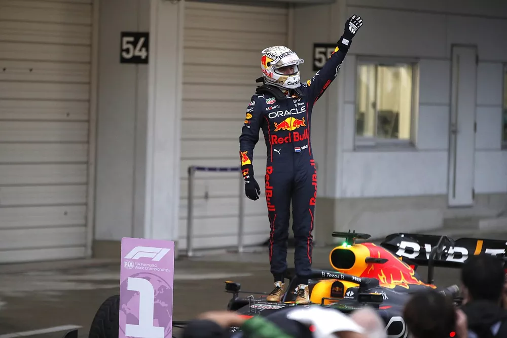 Max Verstappen, Red Bull Racing, 1st position, celebrates on arrival in Parc Ferme