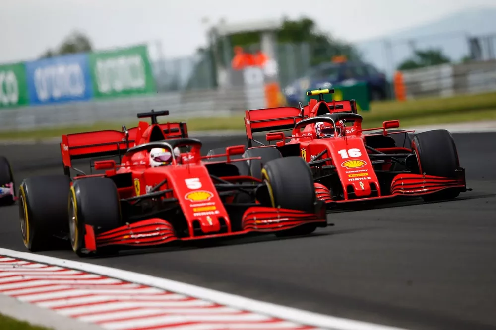 Sebastian Vettel, Ferrari SF1000, leads Charles Leclerc, Ferrari SF1000 