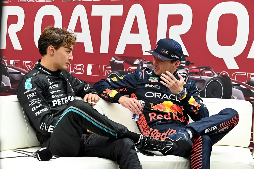 George Russell, Mercedes-AMG, pole man Max Verstappen, Red Bull Racing