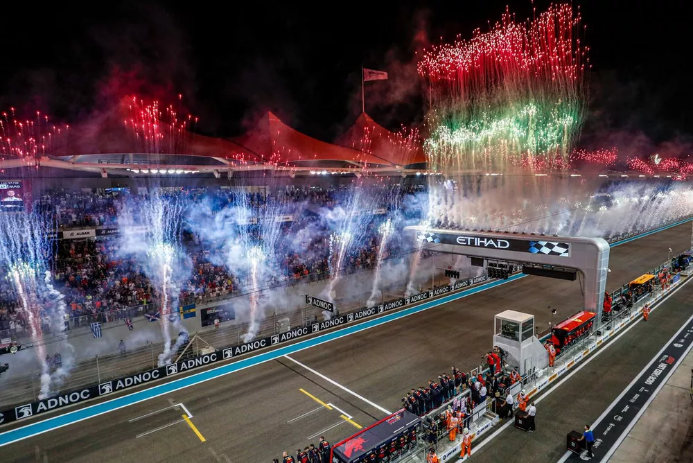 Fireworks light the sky at the end of the race