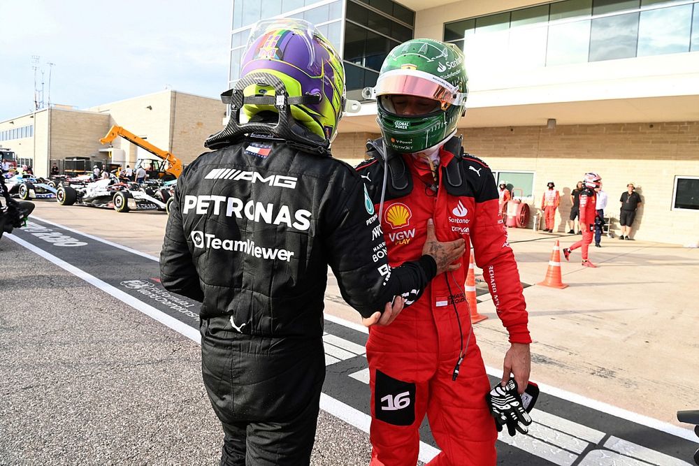 Lewis Hamilton, Mercedes-AMG, 2nd position, Charles Leclerc, Scuderia Ferrari, 3rd position, congratulate each other in Parc Ferme after the Sprint race