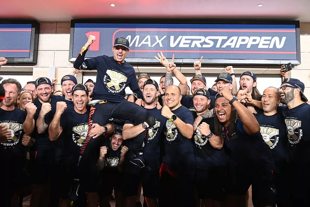 Max Verstappen, Red Bull Racing, celebrates with his team after securing the 2023 drivers world championship