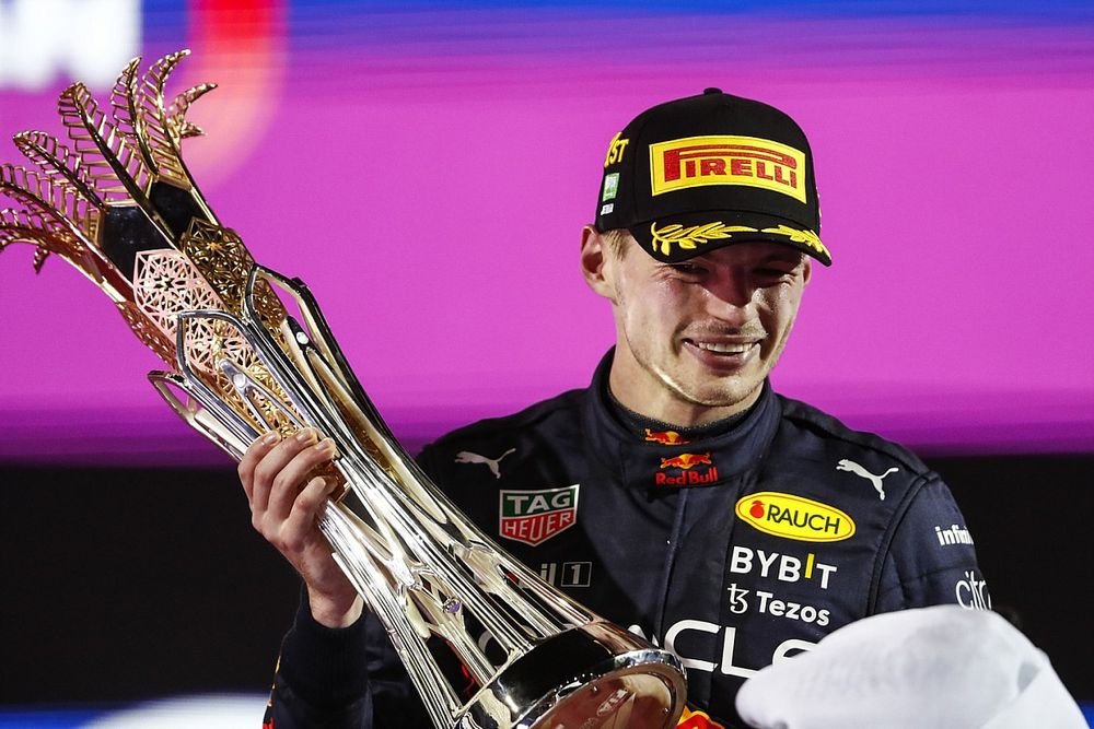 Max Verstappen, Red Bull Racing, 1st position, with his trophy
